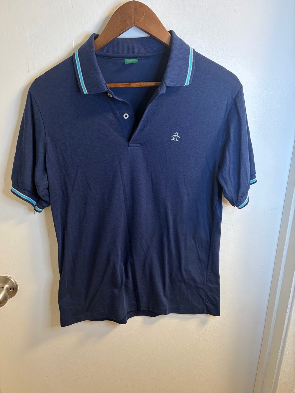 Original Penguin Navy Polo Shirt Men’s Size S Preppy Blue Stripe Trim Logo